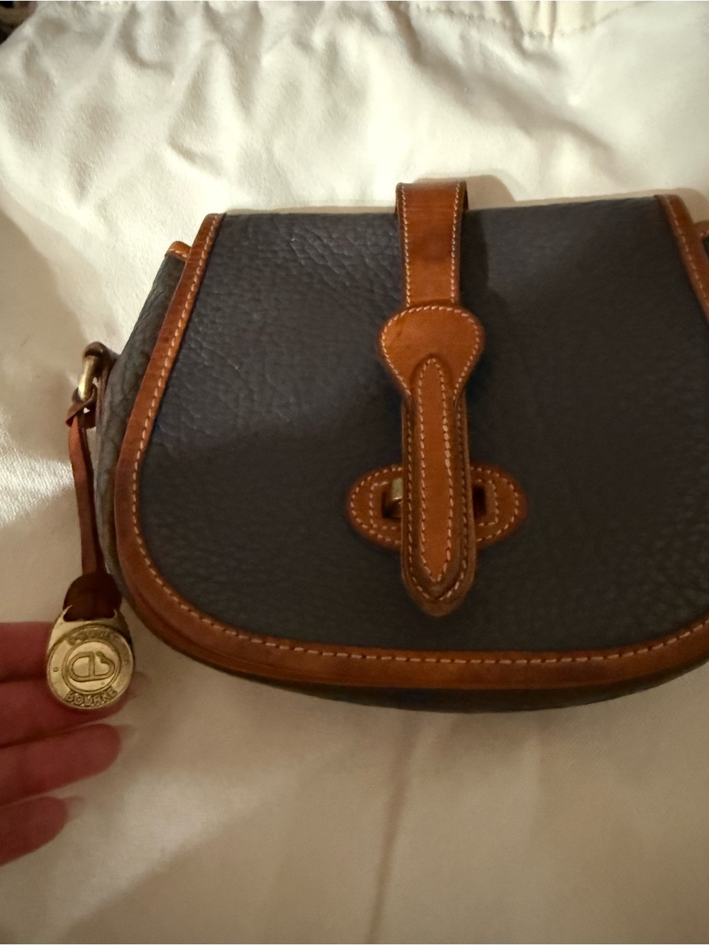 Dark Gray and Tan Leather Crossbody Bag with Signature Medallion Rare green L.